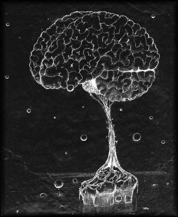 Pencil drawing of the brainy tree in the bubbly pond